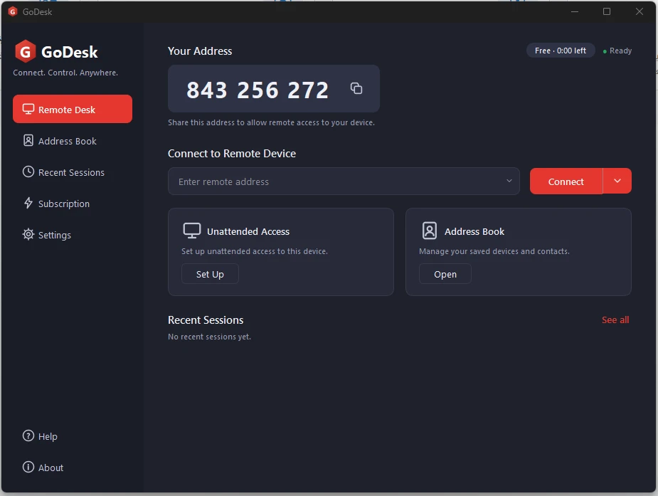 الشاشة الرئيسية لبرنامج GoDesk - عنوان الجهاز والاتصال بجهاز بعيد